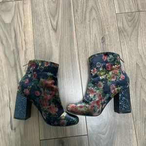 Blue Velvety Booties with Glitter & Blossoms